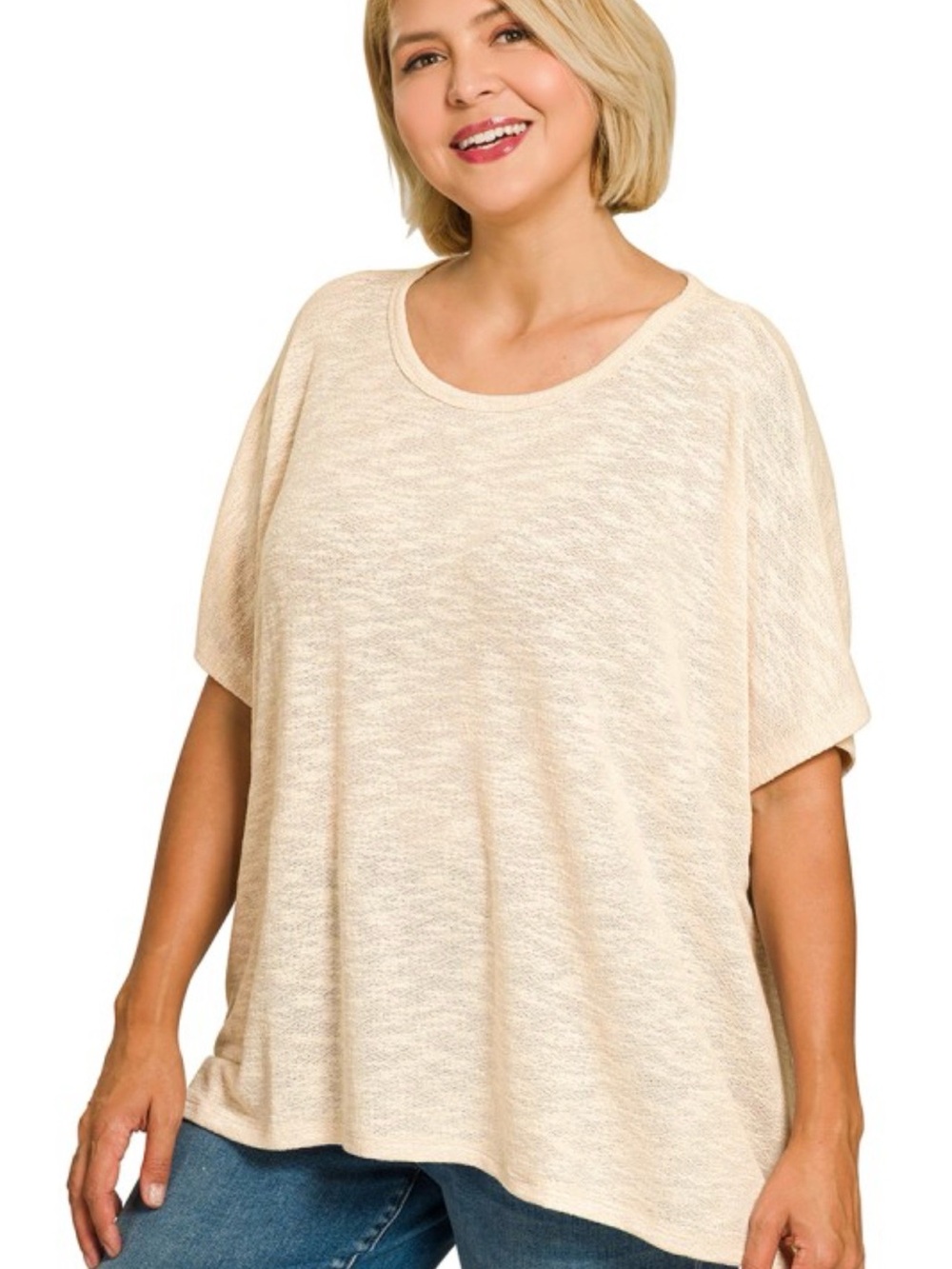 Zenana Outfitters Hacci Scoop Neck Short Sleeve Top - Cream